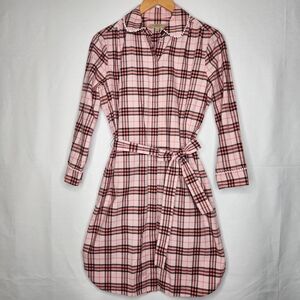 Burberry Pink Plaid Long-Sleeve Shirt Dress with Waist Tie